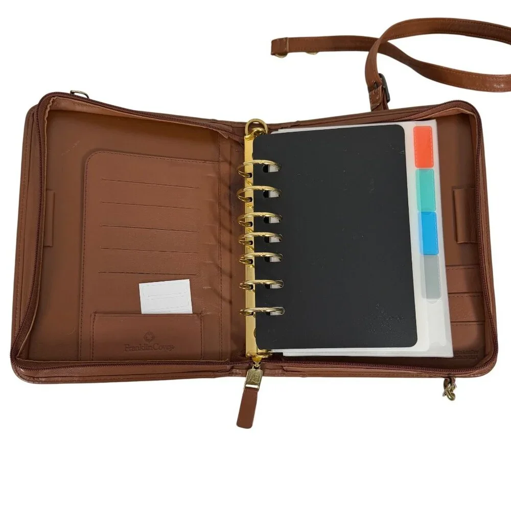 1990s FRANKLIN COVEY Crossbody Brown Leather Zip Around 7-Ring Planner 12215 USA